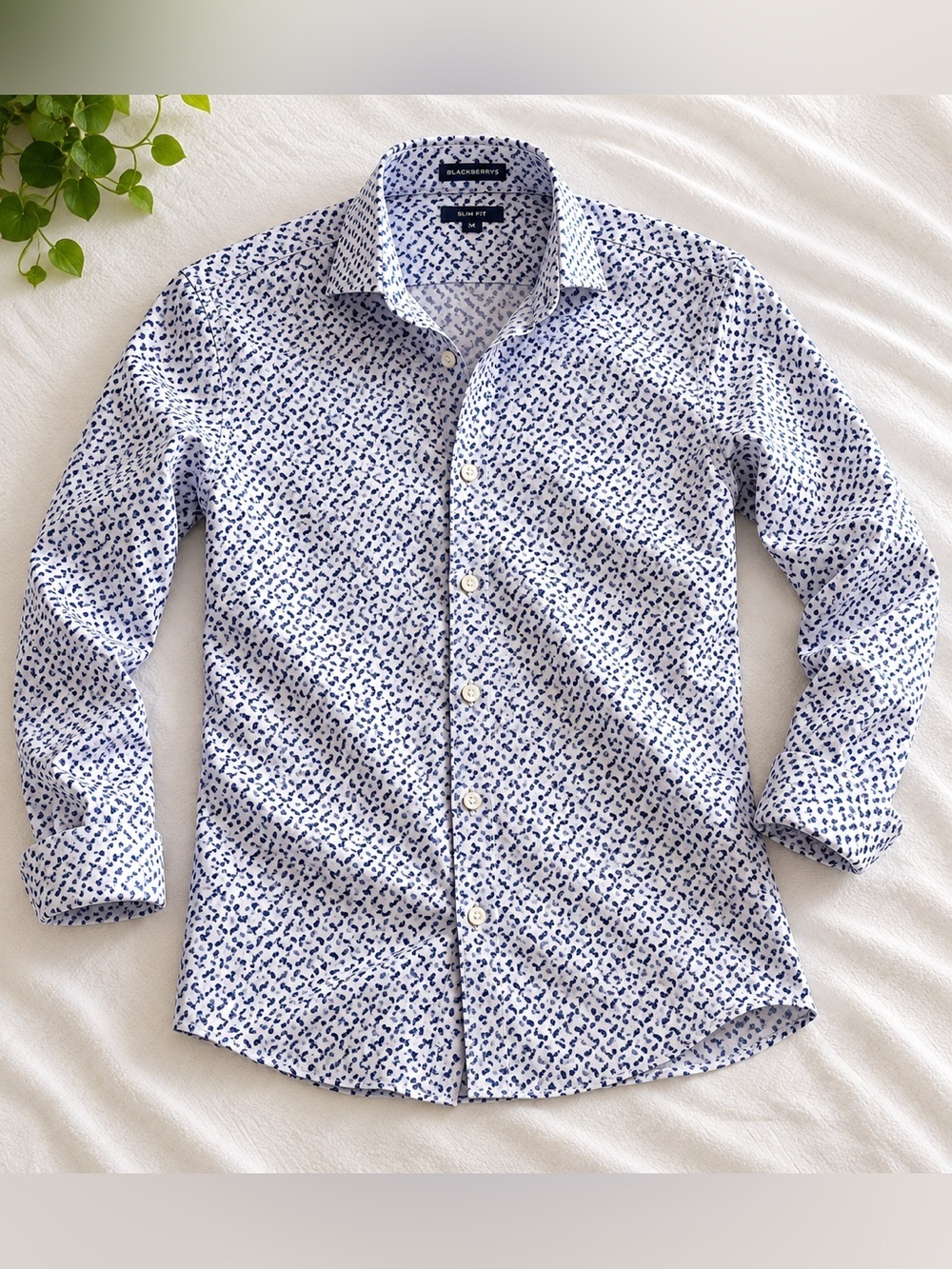 Men's White Button-Down Shirt with Navy Micro Pattern